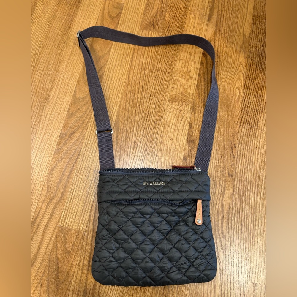 MZ Wallace Black Quilted Crossbody Bag with Brown Accent